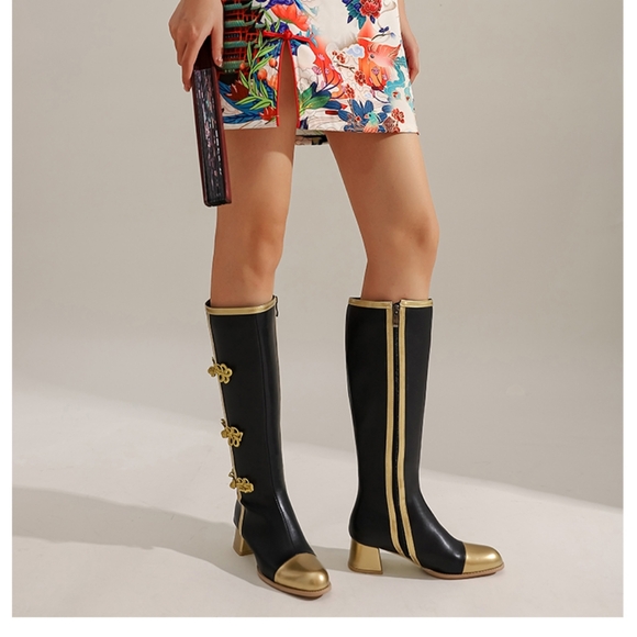 Ethnic Style Bow Color-Blocking Women's Knee-High Boots - Picture 6 of 7